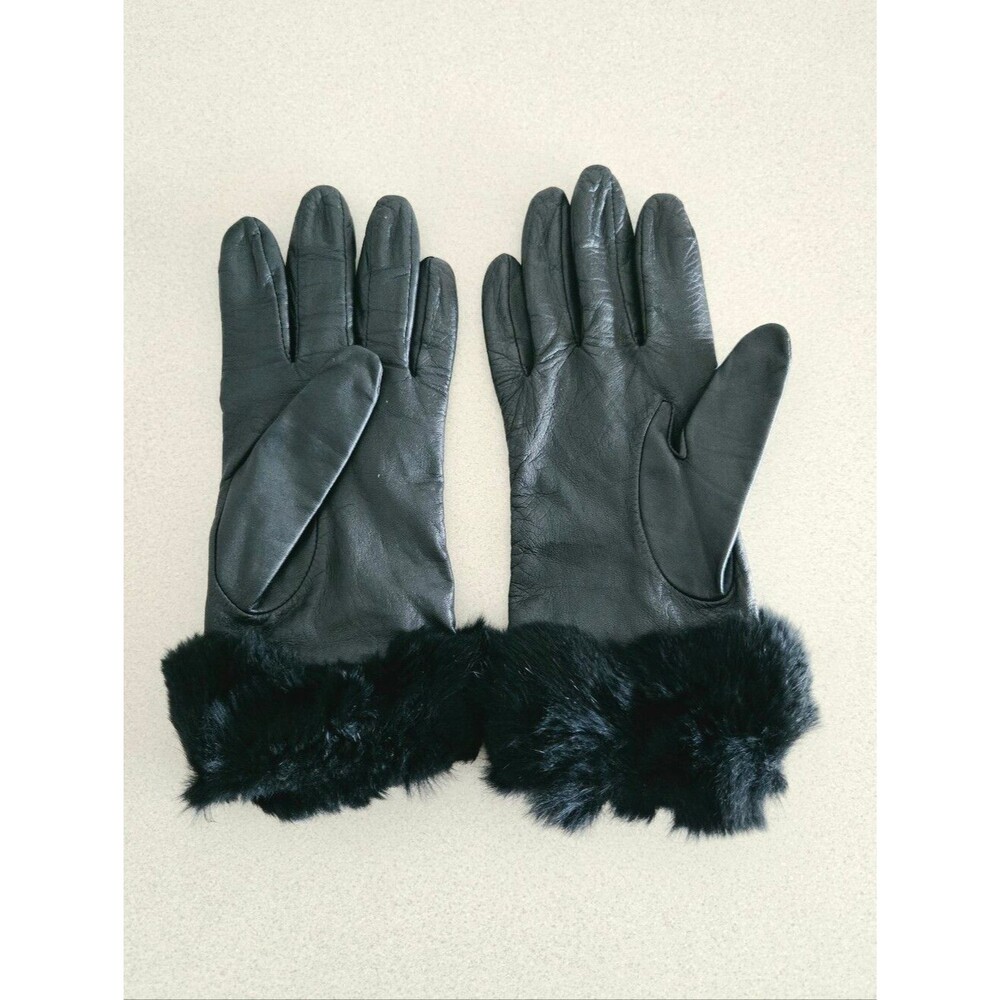 Black Leather Gloves Fur trim cuffs Winter Size 8